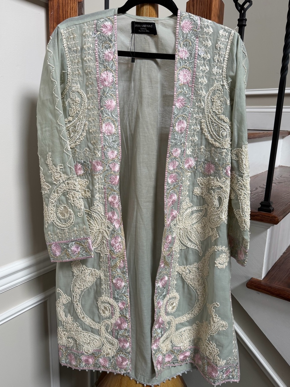 Embroidered Open-Front Women’s Coat in Sage Green with Pink Accents